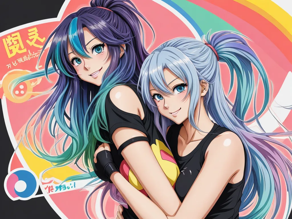 two anime girls hugging each other with their arms around each other, with a rainbow background and a rainbow - colored background, by Hanabusa Itchō