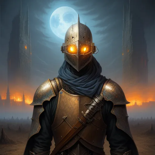 a knight with glowing eyes and a helmet on standing in front of a full moon sky with a castle in the background, by Anato Finnstark