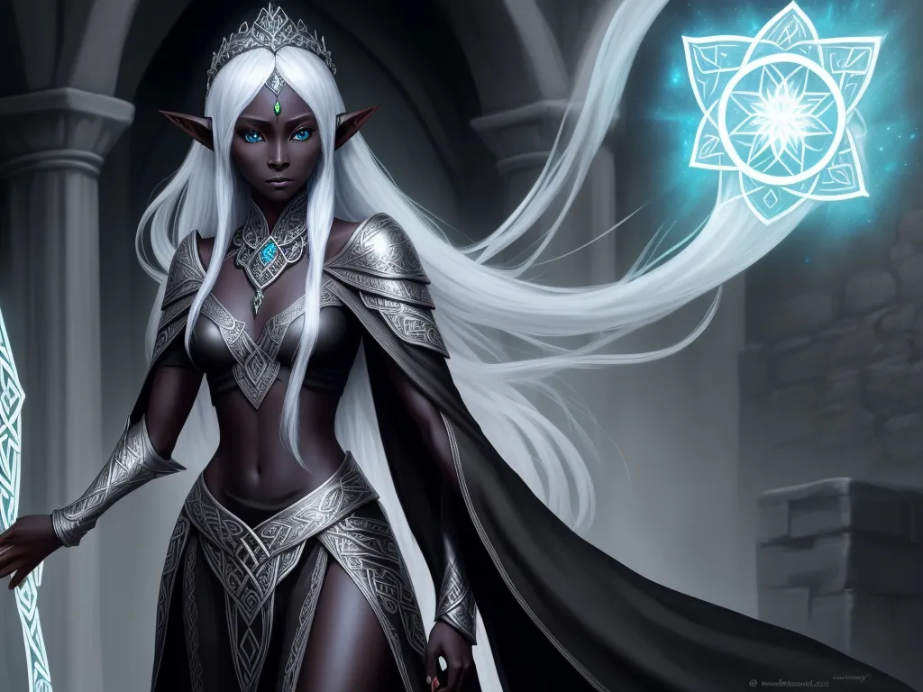 ai image to image: 1 solo female drow elf cleric, black skin, full