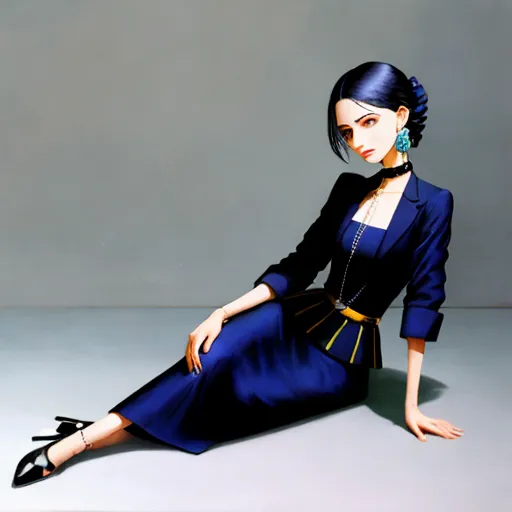 a woman in a blue dress sitting on the ground with her legs crossed and her hand on her hip, by Hirohiko Araki
