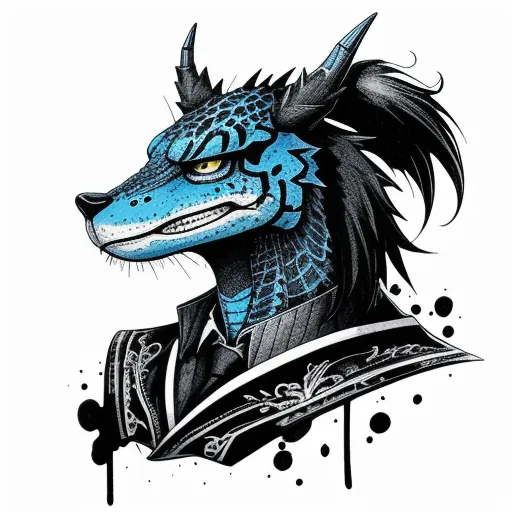 change image resolution online - a blue dragon with a black suit and a book in his hand, with a black and white background, by Bakemono Zukushi