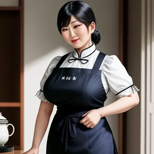 a woman in an apron is standing near a table with a teapot and a cup on it,, by Hanabusa Itchō