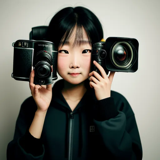 a woman holding up three cameras to her face and holding one behind her head with both hands and a camera to her face, by Chen Daofu