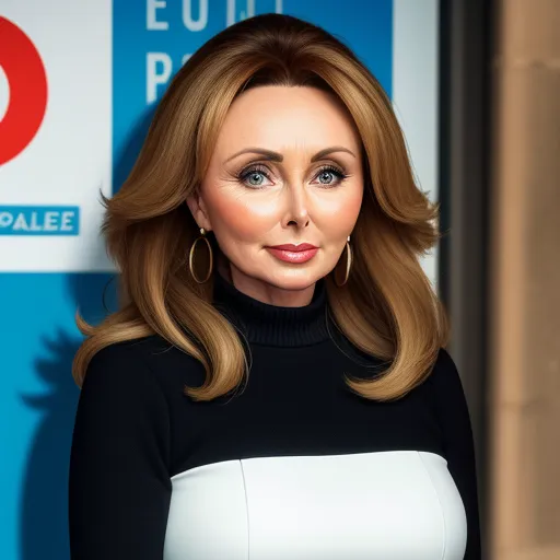 a woman with blonde hair and a black and white dress is posing for a picture in front of a blue sign, by Fernando Botero