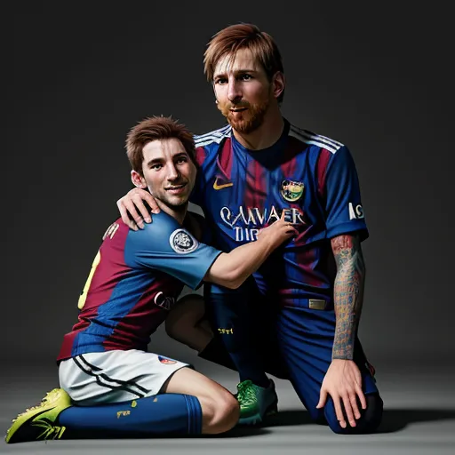 two soccer players are posing for a picture together in a studio setting with a dark background and a grey backdrop, by Carlo Carrà