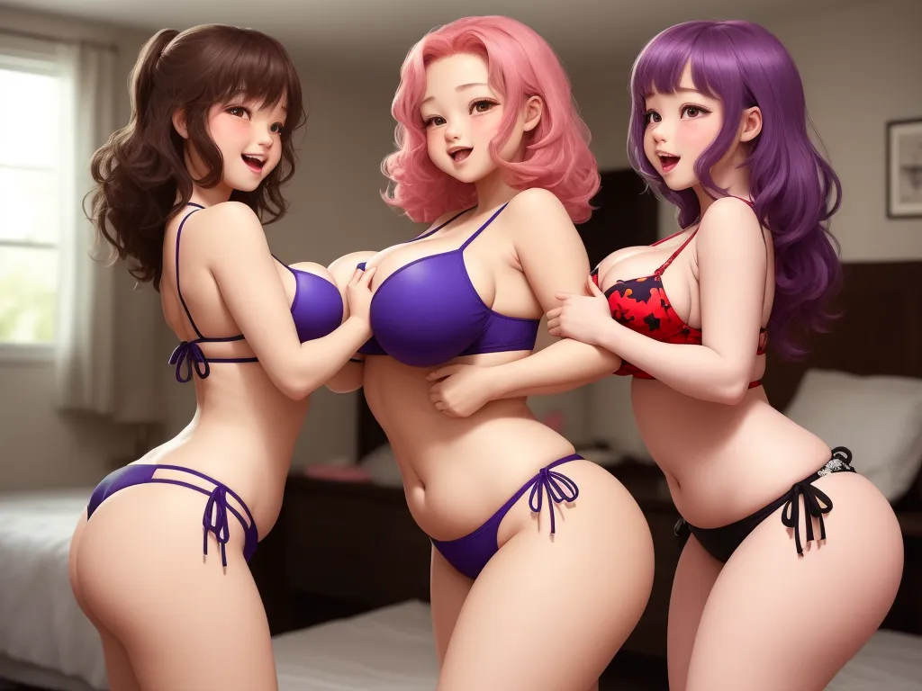 three cartoon women in lingerie posing for a picture together in a bedroom with a bed and a window, by Hirohiko Araki