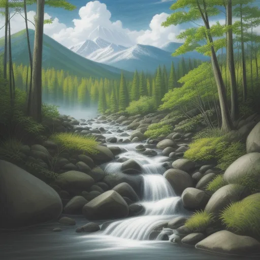 highest resolution image - a painting of a stream running through a forest with a mountain in the background and a stream running through the woods, by David A Hardy