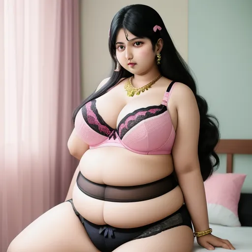 turn photos to 4k - a woman in a pink bra top and black panties sitting on a bed with her legs crossed and her breasts exposed, by Terada Katsuya