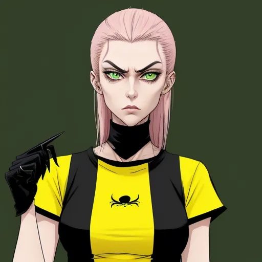 word to image generator - a woman with pink hair and green eyes wearing a yellow shirt and black gloves with a black collar and black gloves, by Phil Noto