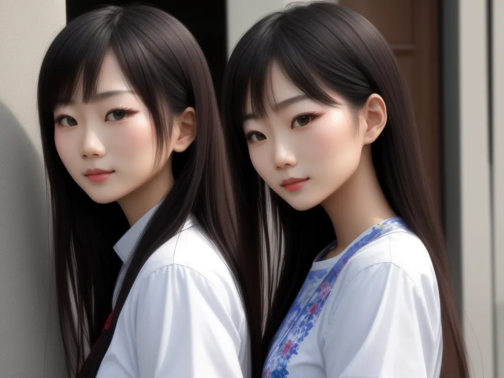 two asian women with long hair standing next to each other in front of a wall and looking at the camera, by Chen Daofu