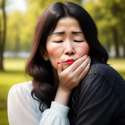 4k photos converter - a woman with her hands on her face and her eyes closed, with trees in the background, in a park, by Cindy Sherman