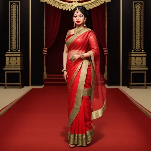 how to change image resolution - a woman in a red and gold sari standing on a red carpet in front of a stage with a red curtain, by Raja Ravi Varma