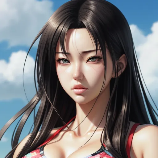 image ai generator from text - a woman with long hair and a red and white top on a cloudy day with blue sky in the background, by Terada Katsuya