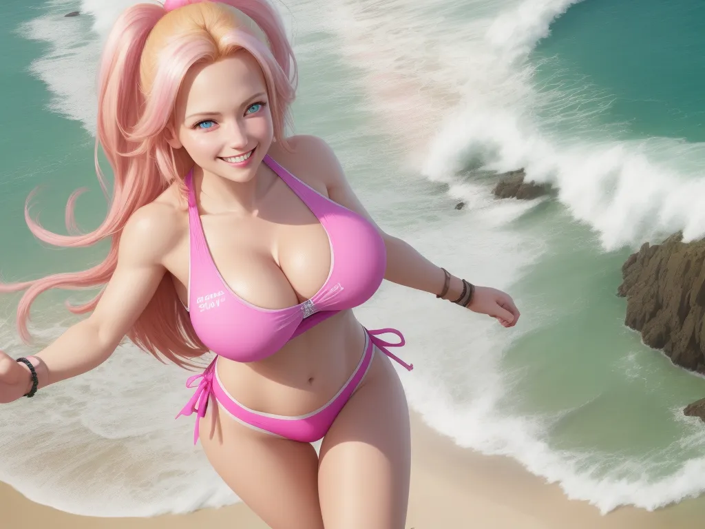 ai image generator from text free - a cartoon girl in a bikini on the beach with a wave coming in behind her and a rock in the foreground, by Akira Toriyama