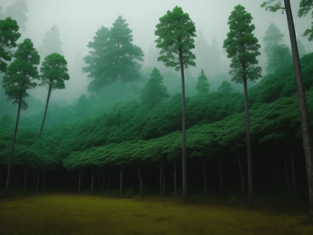 a forest filled with lots of tall trees on a foggy day in the woods with green grass and tall trees, by Filip Hodas