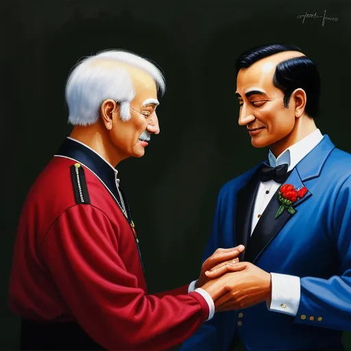increase resolution of picture - a painting of two men in suits and ties shaking hands with each other, one wearing a red jacket and the other a blue jacket, by Kent Monkman