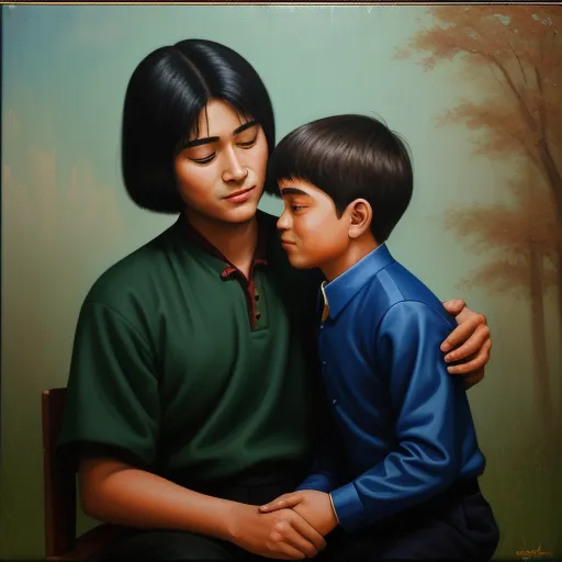 a painting of a boy and a woman hugging each other on a bench in front of a painting of a tree, by Liu Ye