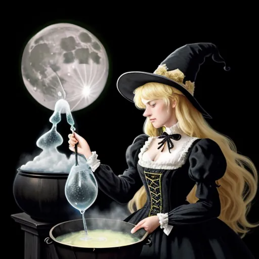 image generator from text - a woman in a witch costume cooking a pot of liquid with a broom and a full moon behind her, by Naoko Takeuchi
