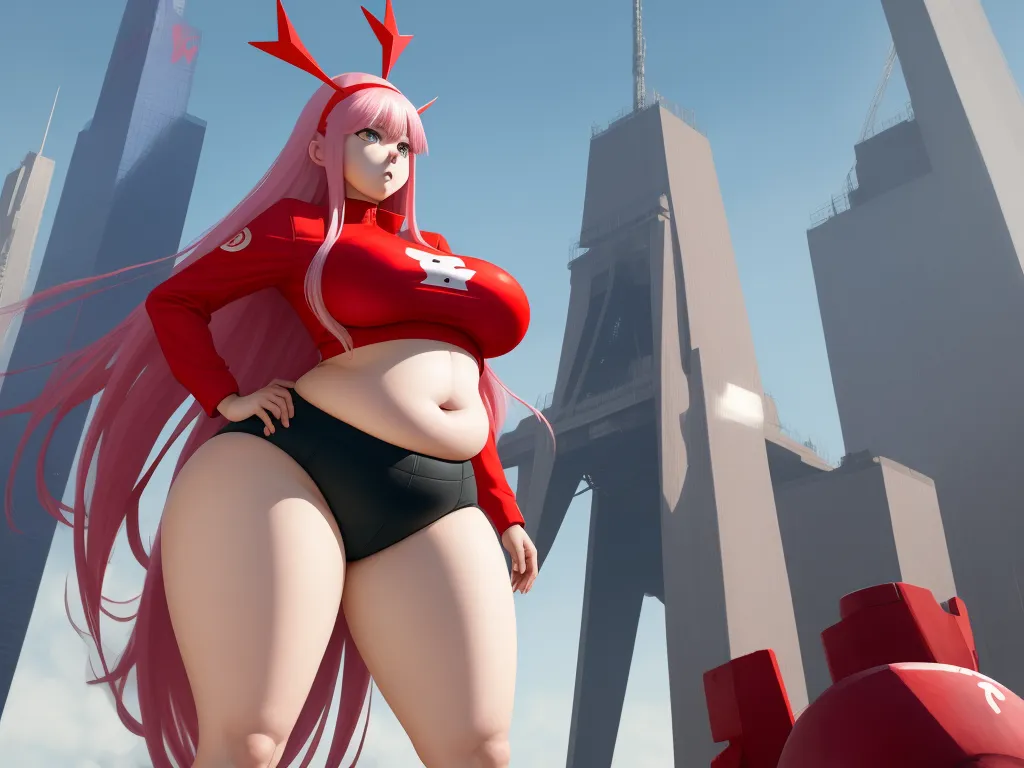 a cartoon character with a very large breast and very long hair standing in front of a futuristic city with tall buildings, by NHK Animation