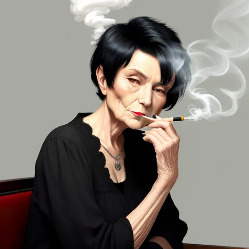 a woman smoking a cigarette with a black shirt on and a black shirt on and a red chair in front of her, by Billie Waters