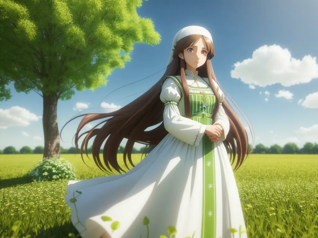 turn photo to hd - a woman in a dress standing in a field with a tree in the background and a sky in the background, by NHK Animation