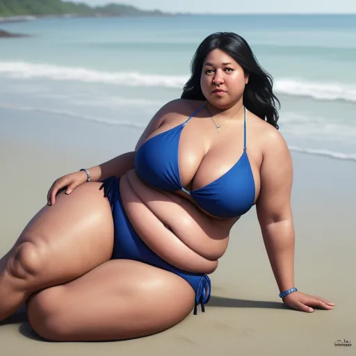 a woman in a blue bikini is sitting on the beach and posing for a picture with her belly exposed, by Hendrik van Steenwijk I