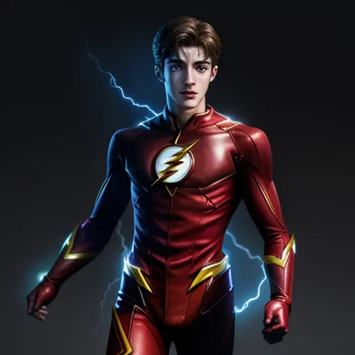 high resolution image - a man in a red and yellow costume with lightning bolts in the background and a black background with a black background, by François Quesnel