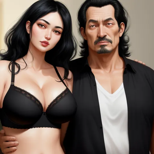 turn image to hd - a man and a woman are posing for a picture together, one is wearing a bra and the other is wearing a black shirt, by Terada Katsuya