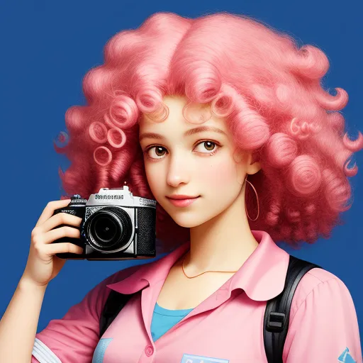 high quality pictures online - a woman with pink hair holding a camera and a camera in her hand, with a blue background behind her, by Akira Toriyama