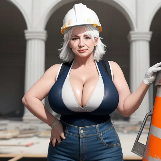 a woman in a construction outfit posing for a picture with a construction helmet on her head and a construction cone in her hand, by Akira Toriyama