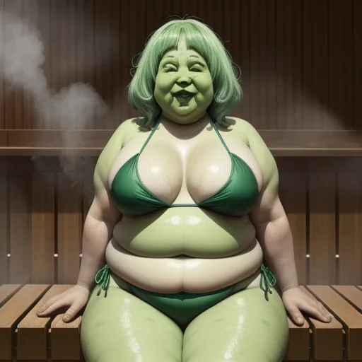 a woman in a green bikini with a large breast and green hair, sitting on a bench with a steam coming out of her mouth, by Botero