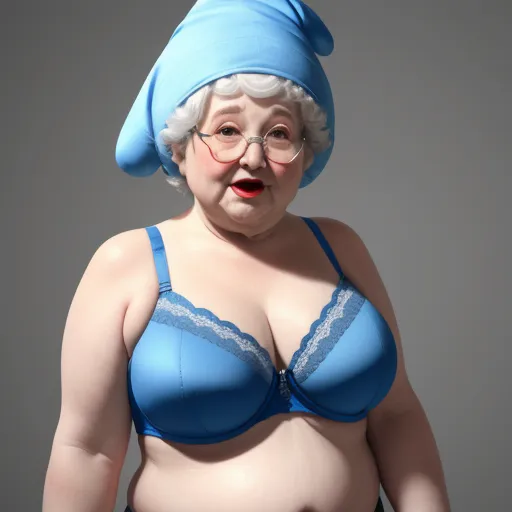 text-to-image ai - a woman in a blue bra and a blue hat is posing for a picture with her breasts exposed and a big breast, by Cindy Sherman