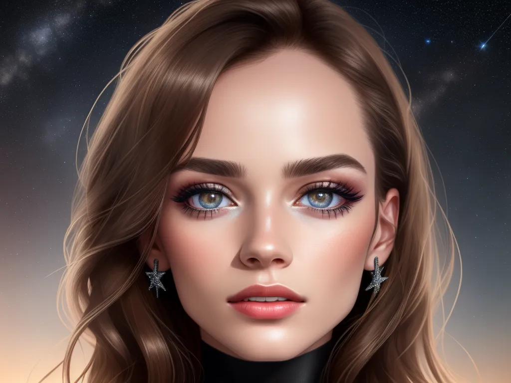 a digital painting of a woman with blue eyes and long hair wearing earrings and a black dress with stars on it, by Daniela Uhlig