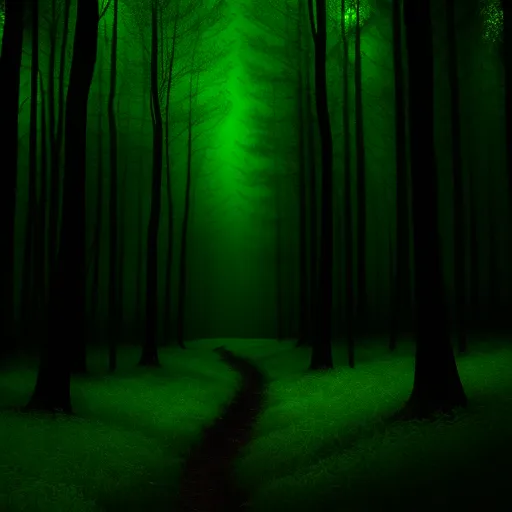 a path in a dark forest with green light coming from the trees and a path leading to the light, by Janek Sedlar