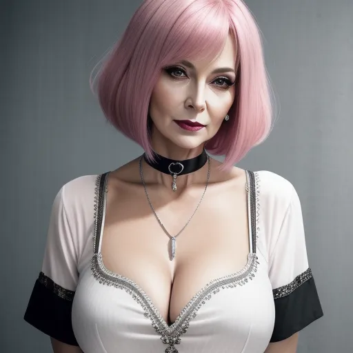 a woman with pink hair and a choker around her neck and chest is posing for a picture in a studio, by Terada Katsuya