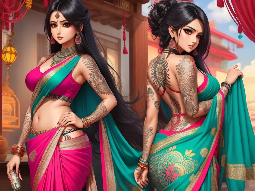 ai that creates any picture - a woman in a pink and green sari with tattoos on her body and a tattoo on her arm, by Raja Ravi Varma