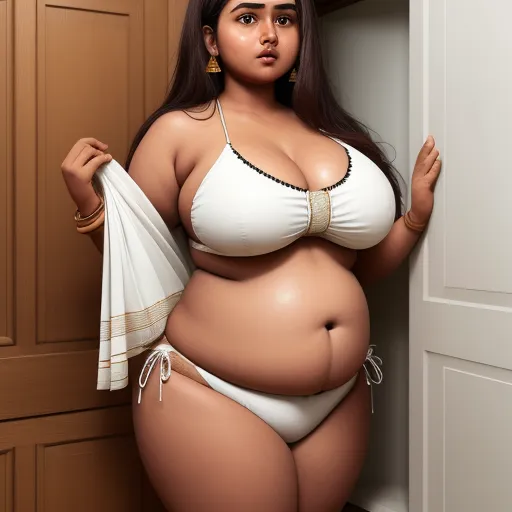 low quality photos - a woman in a white bikini is standing in a doorway and holding a white bag in her hand and looking at the camera, by Botero