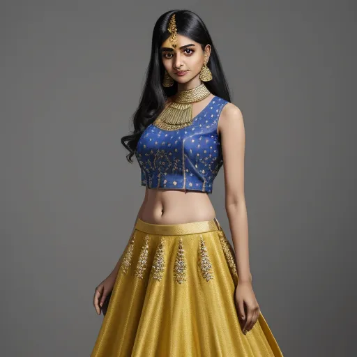 a woman in a yellow and blue lehenga with a gold choker and a gold necklace and earrings, by Hendrik van Steenwijk I