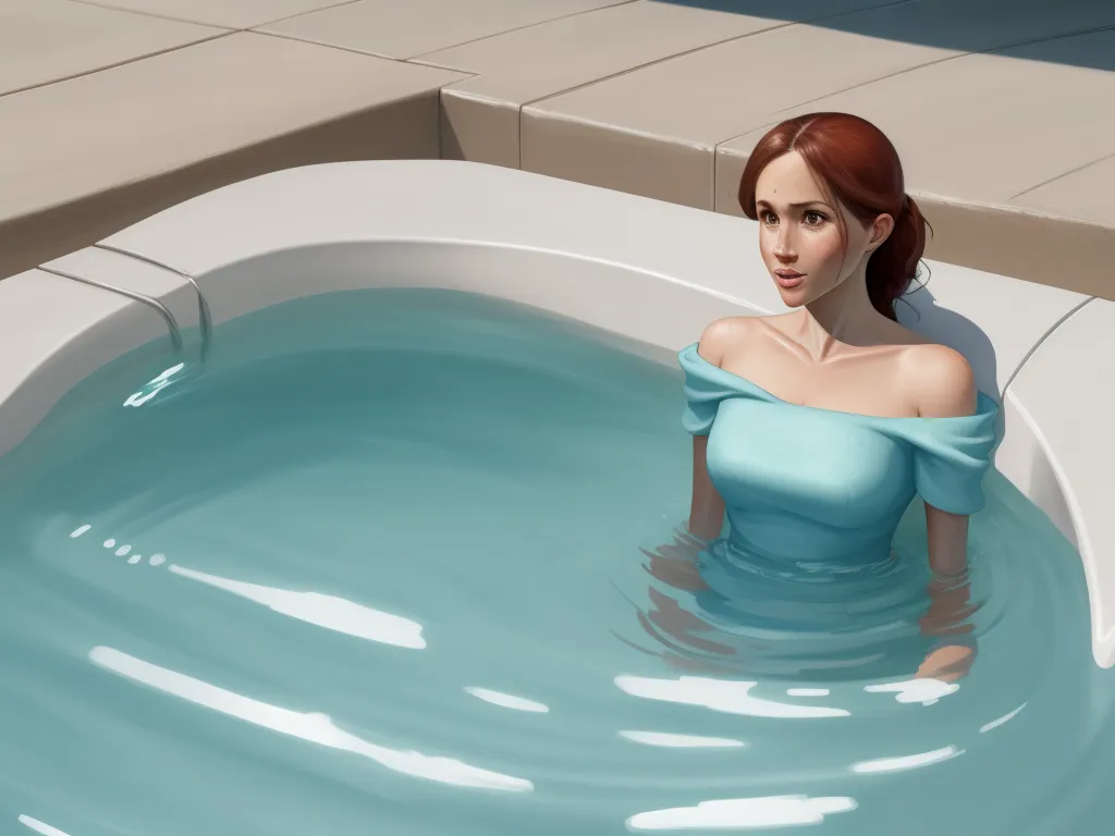 text-to-image ai generator - a woman in a blue dress sitting in a pool of water with a tile floor and a tile wall, by Lois van Baarle