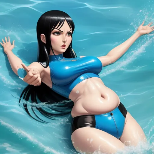 a woman in a blue swimsuit floating in the water with her arms out and her hand out to the side, by Hirohiko Araki