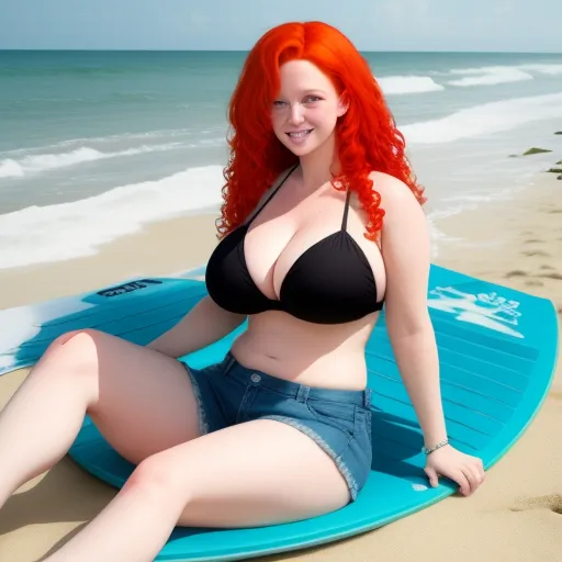 a woman with red hair sitting on a surfboard on the beach with a smile on her face and a black bra, by Sailor Moon