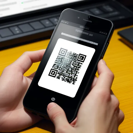 ai text to photo - a person holding a cell phone with a qr code on it in front of a laptop computer on a desk, by Toei Animations