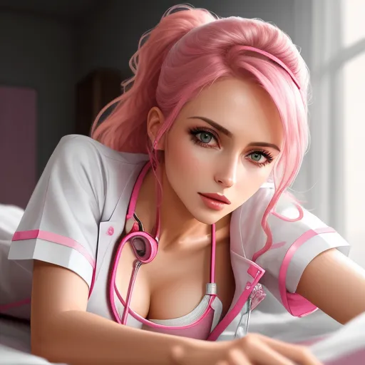 a woman with pink hair and a stethoscope on her chest laying on a bed with a pink blanket, by Lois van Baarle