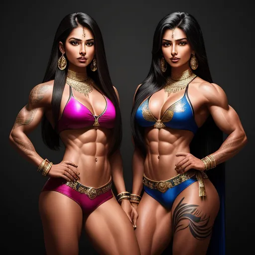 best photo ai enhancer - two women in bikinis posing for a picture together, both wearing gold jewelry and tattoos, with a black background, by Terada Katsuya