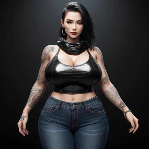 ai text-to-image - a woman with tattoos and a leather top on her chest and jeans on her knees, posing for a picture, by Terada Katsuya