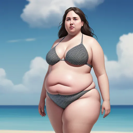 ai generated images from text online - a woman in a bikini standing on a beach next to the ocean with a sky background and clouds in the background, by Fernando Botero