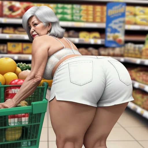 4k quality picture converter - a woman in a white top and white shorts is pushing a shopping cart in a grocery store aisle with a cart full of fruit, by Laurie Lipton