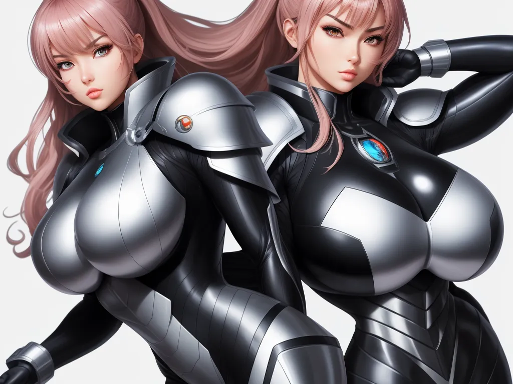 ai generated images from text online - two women in futuristic suits posing for a picture together, one of them is holding a gun and the other is holding a gun, by Leiji Matsumoto