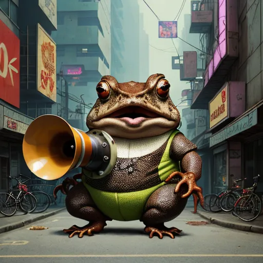 turn image to hd - a frog with a megaphone in a city street with buildings and bicycles in the background, with a man holding a megaphone in his hand, by Terada Katsuya