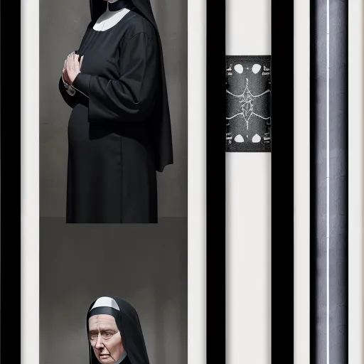 image increase resolution - a nun is standing in front of a column and a picture of a woman in a nun outfit is standing behind a column, by Kent Monkman